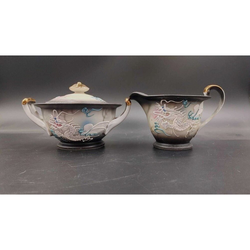 Vintage Dragonware Moriage Creamer And Lidded Sugar Japan Asian Handpainted
